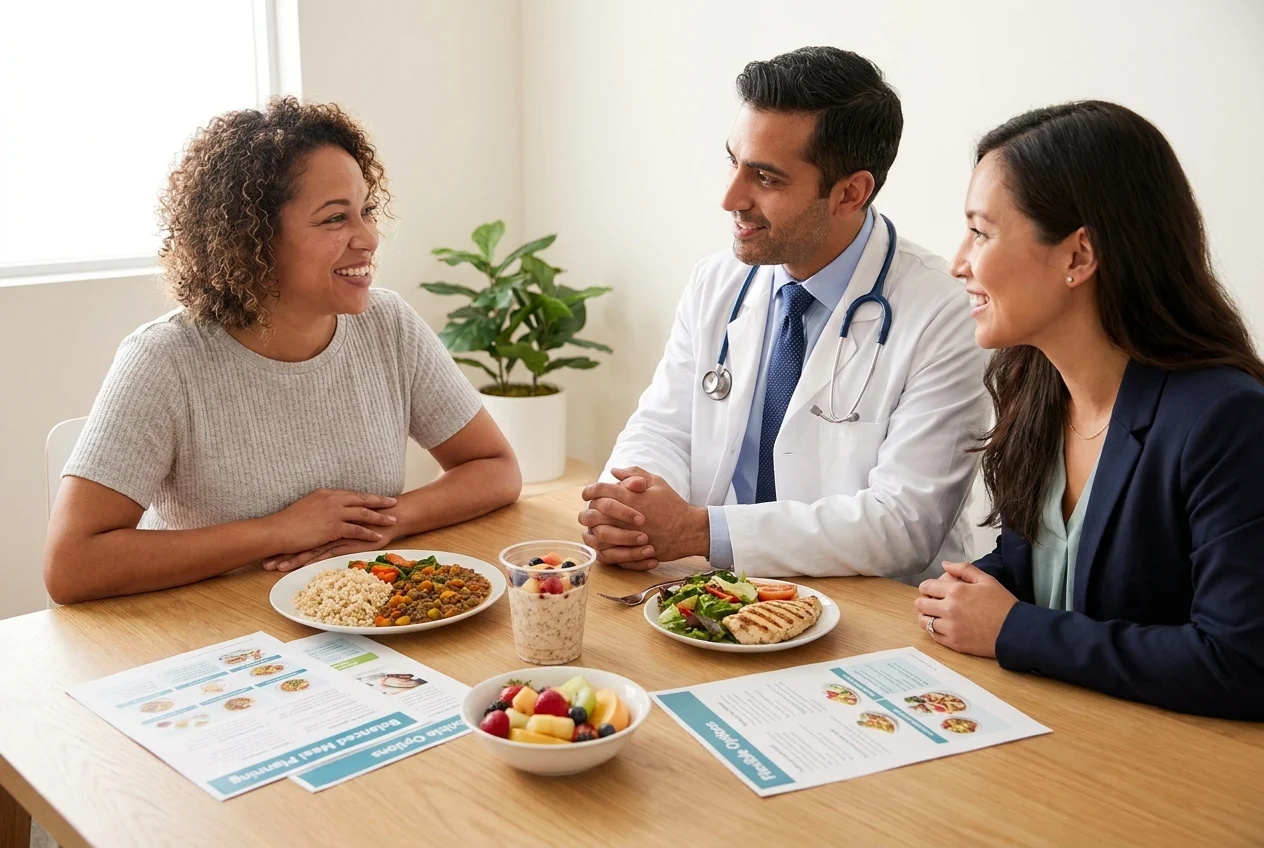 Patient and care team discuss realistic meal options in a supportive clinic