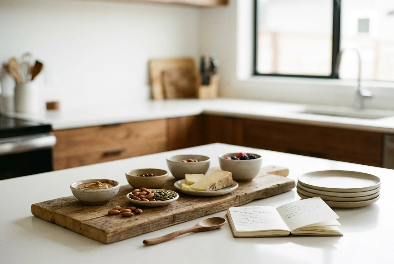 Portion-controlled snack bowls with nuts, seeds, fruit, and cheese on counter
