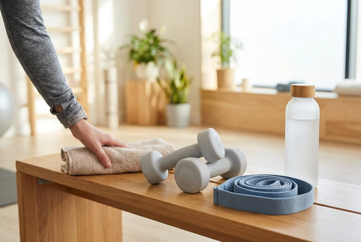 Dumbbells, resistance band, water bottle, and towel on a clinic bench