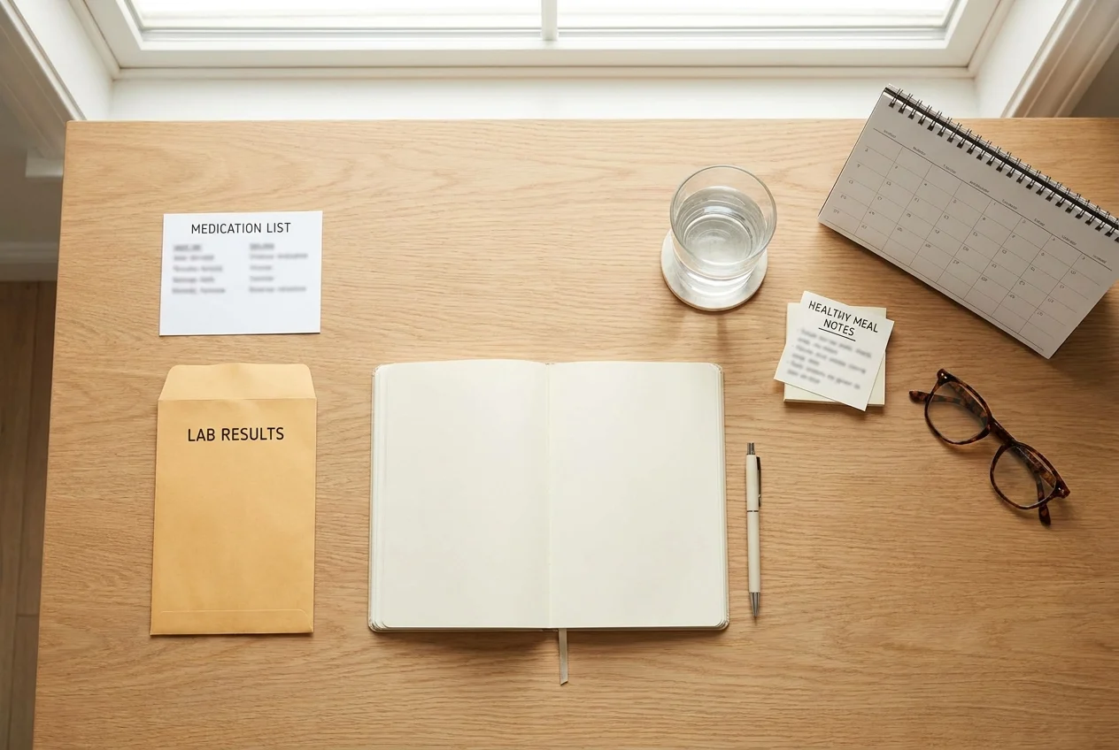 Flat lay of first-appointment items, lab results, notes, and glasses